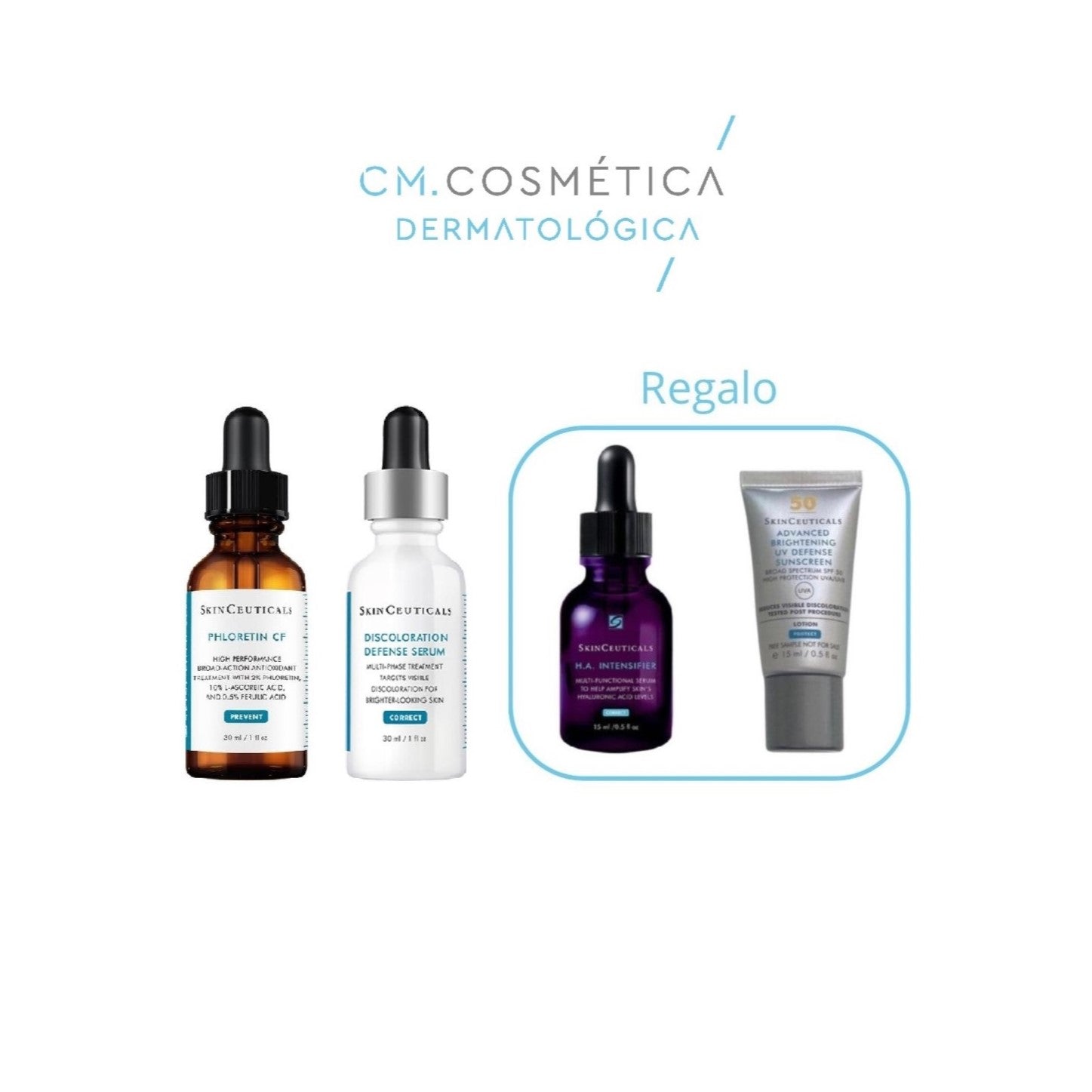 Phloretin CF Serum, (30ml) + Discoloration Defense Serum, (30ml) + REGALO: Advanced Brigthening UV Defense, (15ml) + Hyaluronic Acid Intensifier (15ml) PACK ANTIMANCHAS