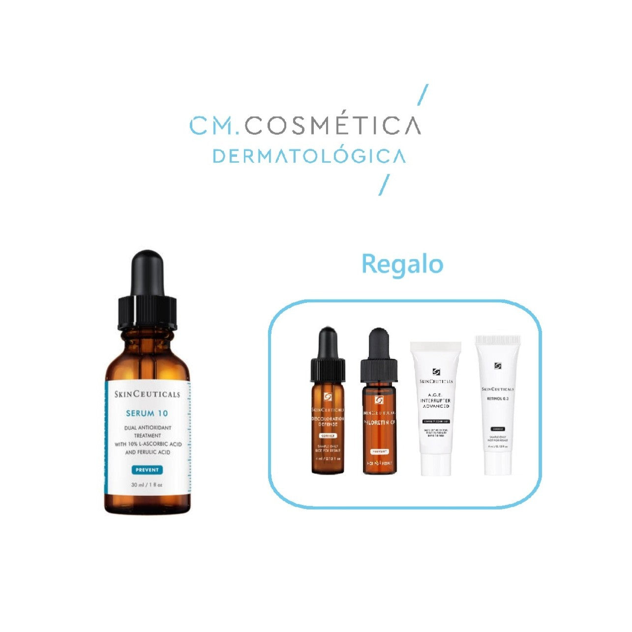 Skinceuticals Serum 10 (30ml) + REGALO: Discoloration Defense (4ml)+Phloretin CF (4ml)+ A.G.E Interrupter Advanced (3ml)+ Retinol 0.3 (4ml)