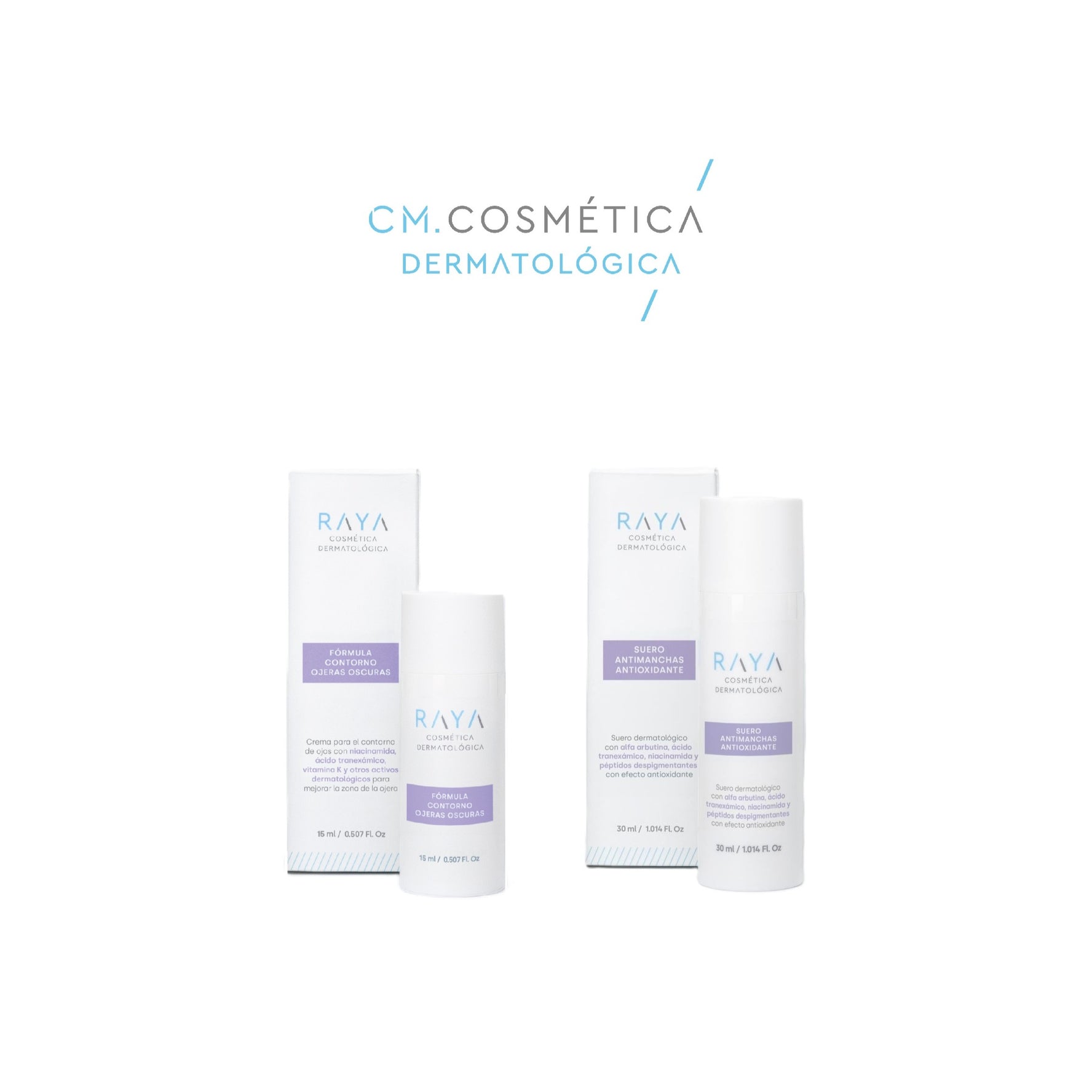 PACK LINEA DESPIGMENTANTE Suero Antimanchas Antioxidante + Fórmula Contorno Ojeras Oscuras de RAYA Cosmética Dermatológica