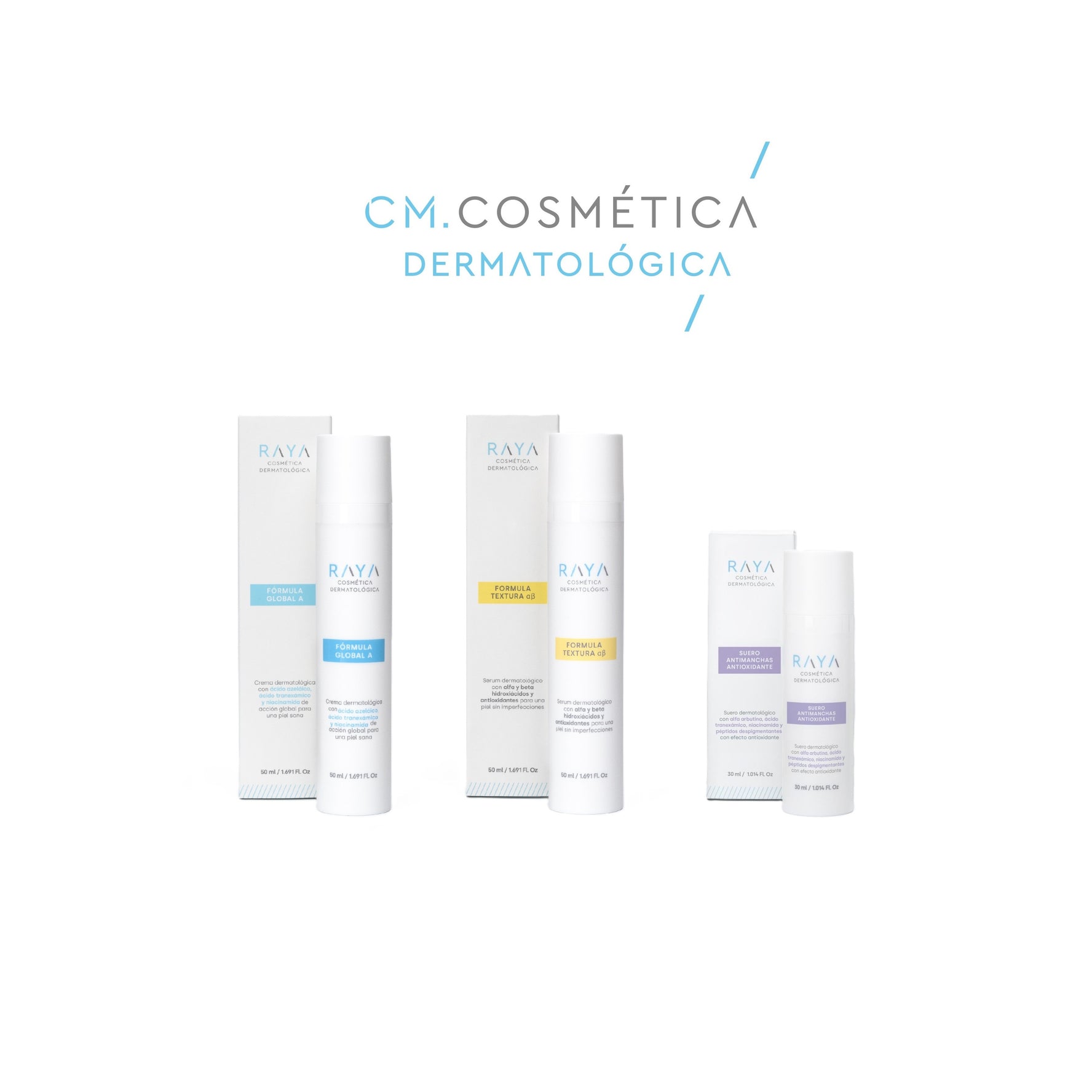 PACK ANTIMANCHAS RETEXTURIZANTE: Fórmula Global A. + Fórmula Textura α β. + Suero Antimanchas Antioxidante RAYA Cosmética Dermatológica