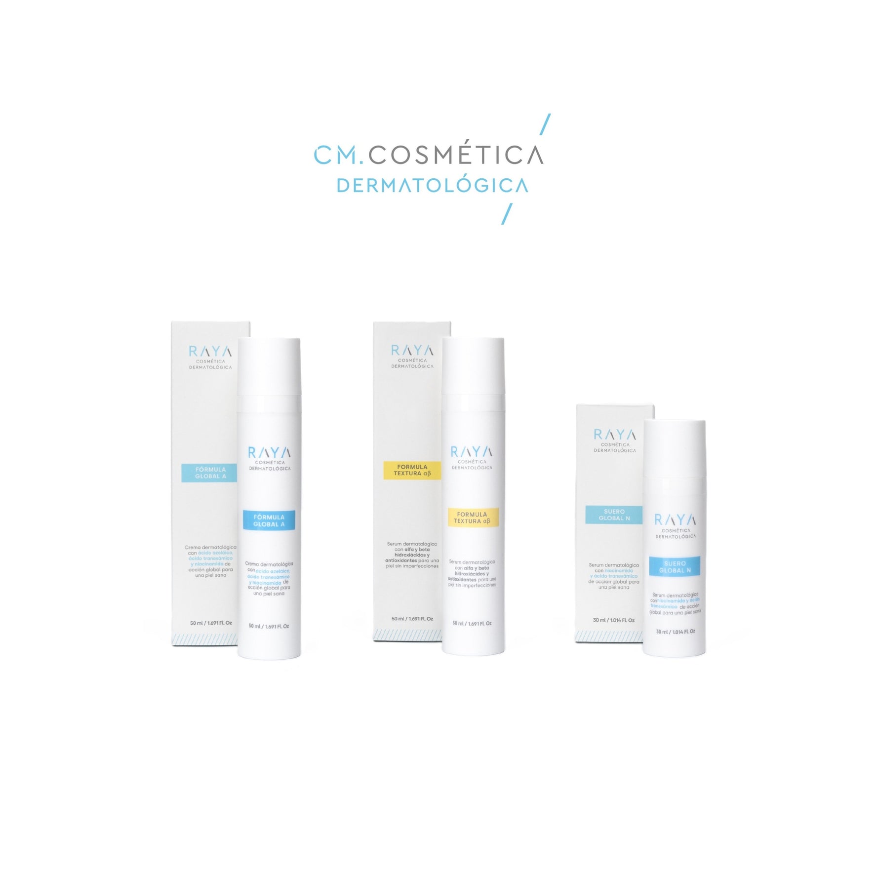 PACK RUTINA COMPLETA: FÓRMULA GLOBAL A. + FÓRMULA TEXTURA  α β. + SUERO GLOBAL N. de RAYA Cosmética Dermatológica