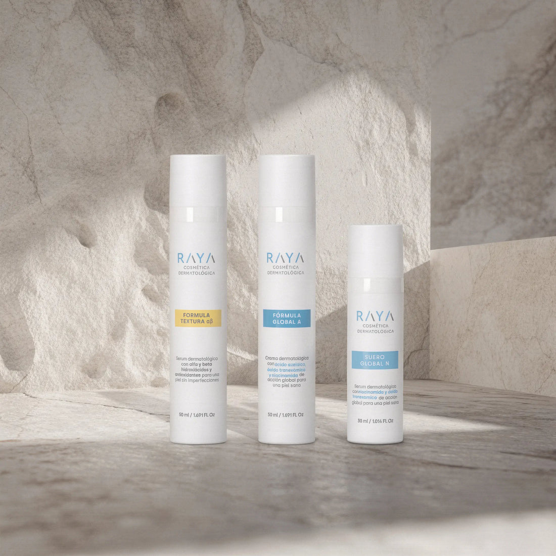 PACK RUTINA COMPLETA: Fórmula Global A. + Fórmula Textura  α β. + Suero Global N. de RAYA Cosmética Dermatológica + REGALO: Neceser