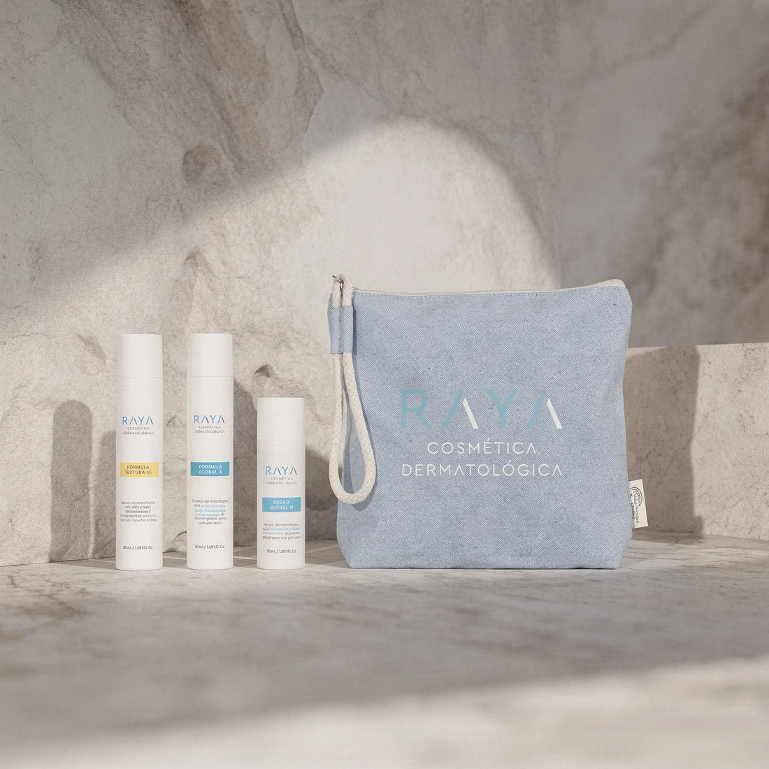 PACK RUTINA COMPLETA: Fórmula Global A. + Fórmula Textura  α β. + Suero Global N. de RAYA Cosmética Dermatológica + REGALO: Neceser