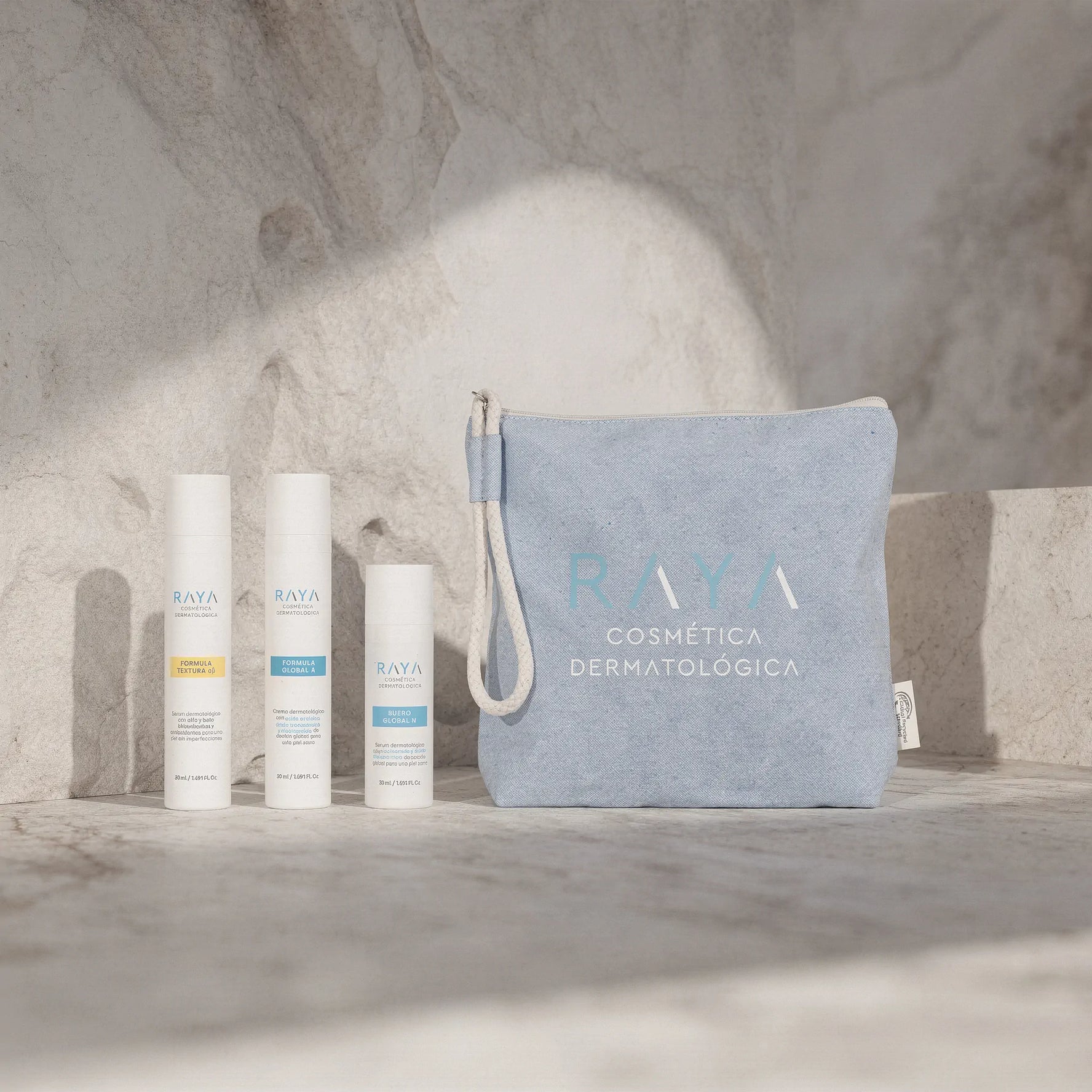 PACK RUTINA COMPLETA: Fórmula Global A. + Fórmula Textura  α β. + Suero Global N. de RAYA Cosmética Dermatológica + REGALO: Neceser