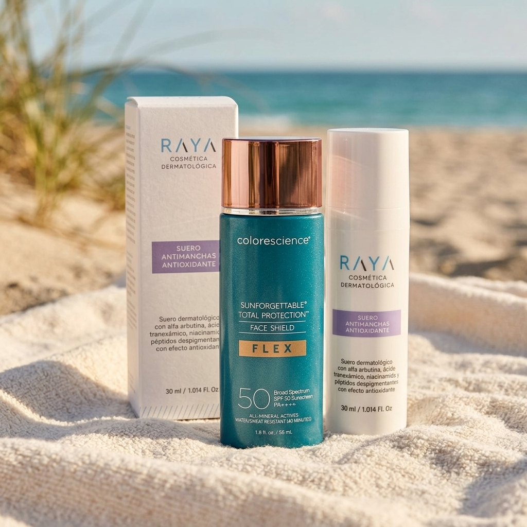 RAYA Cosmética Dermatológica Suero Antimanchas Antioxidante (30ml) + Colorescience Flex Sunforgettable FPS 50 Adaptable a Tonos Medio/Medium (55ml) PACK